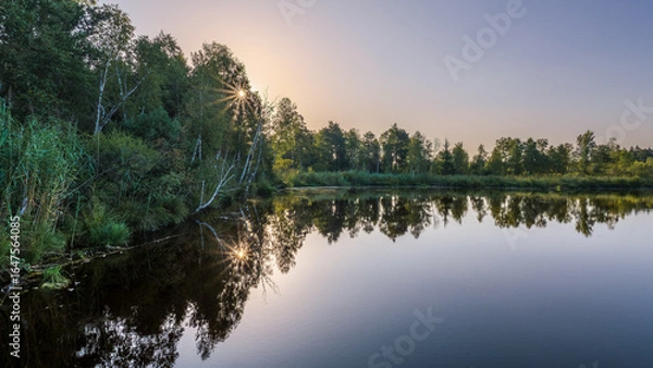 Fototapeta Sunrise over a calm lake with trees and reflections in the Pfrunger-Burgweiler Ried nature reserve, Germany