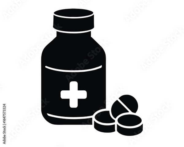 Fototapeta Medicine Bottle Icon with Pills and Health Cross Symbol