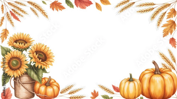 Fototapeta Autumn frame with sunflowers pumpkins wheat and colorful leaves