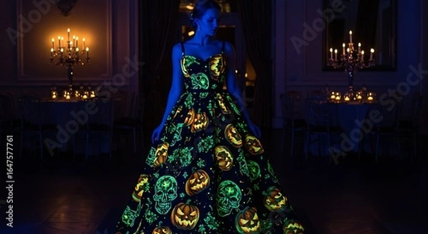 Fototapeta A woman wearing a black evening gown with pumpkin and skull motifs typical of Halloween, glowing under ultraviolet light