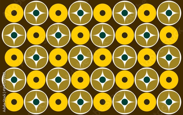 Fototapeta An Indonesian ethnic batik style vector with a repeating geometric circle pattern in a dark brown, gold, and white color scheme