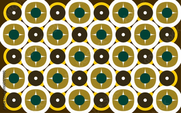 Fototapeta vector seamless pattern with golden circles. An ethnic Indonesian batik style vector with a repeating geometric circle pattern in a dark brown, gold, and white color scheme. Floral background design