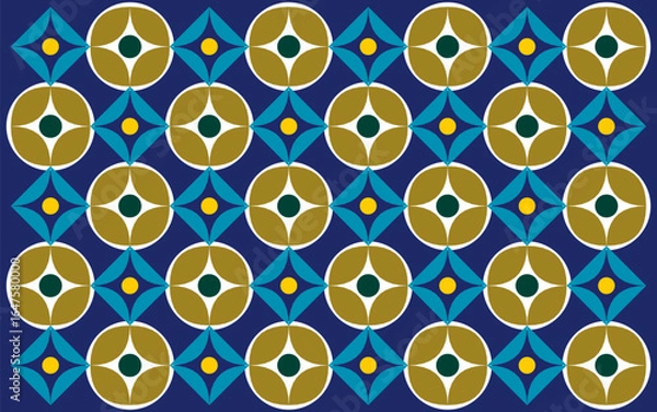 Fototapeta seamless pattern with blue and white flowers. An ethnic Indonesian batik style vector with geometric patterns in a striking gold and turquoise color palette on a deep blue background. Floral design
