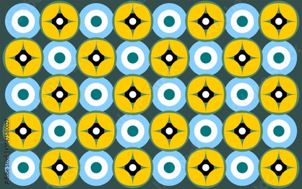 Fototapeta seamless pattern with funny cartoon cats. Indonesian ethnic batik style with geometric patterns and a striking blue, yellow, and black color palette. Floral background design art 