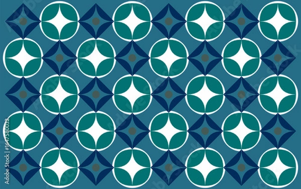 Fototapeta seamless pattern with blue flowers. Floral background design with colorful. Indonesian ethnic batik style with geometric patterns in a cool blue, green, and gray color scheme. 