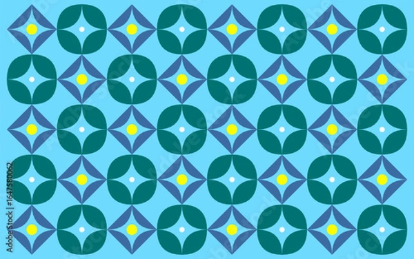 Fototapeta seamless geometric pattern with flowers. An Indonesian ethnic batik style with geometric patterns in a bright blue, green, and yellow color palette. Floral background design art 