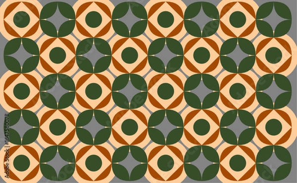 Fototapeta seamless pattern with green leaves. An Indonesian ethnic batik style with geometric patterns in a warm brown, green, and gray color scheme. Floral design background 