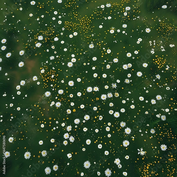 Fototapeta An aerial view of a vibrant green field filled with scattered white and yellow flowers.