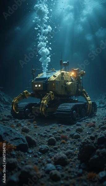 Fototapeta Large underwater mining robot collecting nodules on ocean floor in harsh beam light Generative AI
