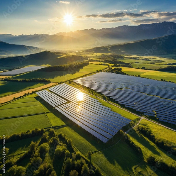 Obraz Golden sun illuminates vast solar farm stretching across green fields