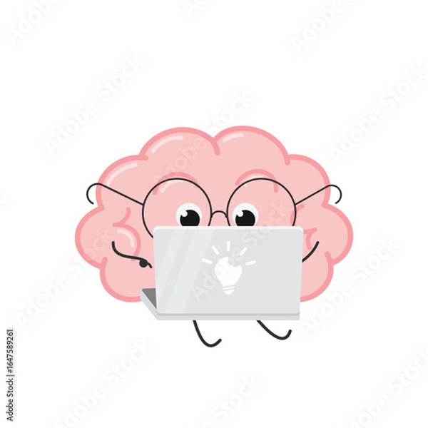 Obraz Funny comic human cartoon brain character using laptop