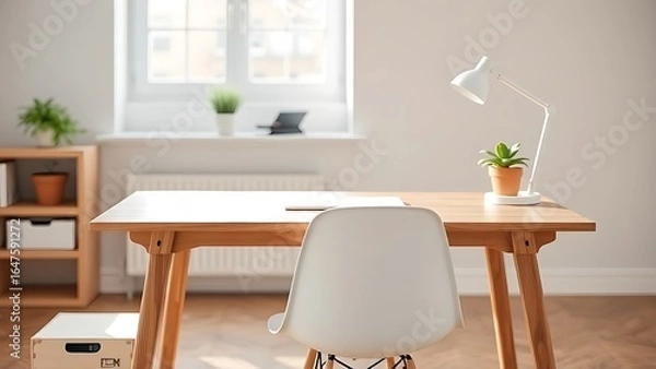 Fototapeta Scandinavian-style wooden desk with white chair and potted plant in natural window lighting.
