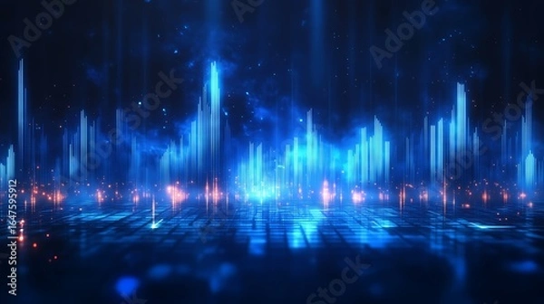 Obraz Abstract digital landscape (vibrant blue-dominated, resembling audio equalizer/urban skyline), tall thin vertical glowing lines, reflective surface with orange-yellow spots, dark background with pale 