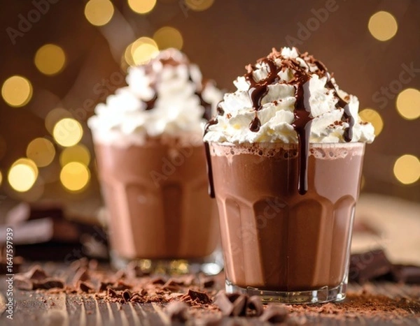 Fototapeta close-up choco drink with whipped cream and chocolate syrup 