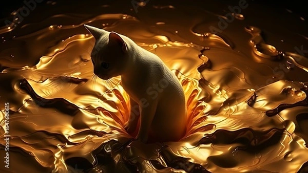 Fototapeta High-contrast image of a cat-shaped void recoiling from liquid mercury textures.
