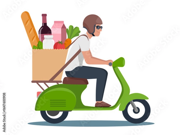Fototapeta Person on green scooter delivers groceries, including baguette, wine, and vegetables, wearing helmet and sunglasses. scene conveys sense of efficiency and modern urban lifestyle