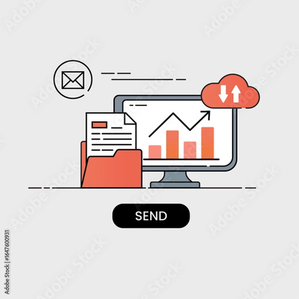 Fototapeta Digital illustration depicts computer monitor displaying graph with upward trends, symbolizing data analysis. folder with documents and cloud icons suggest data transfer