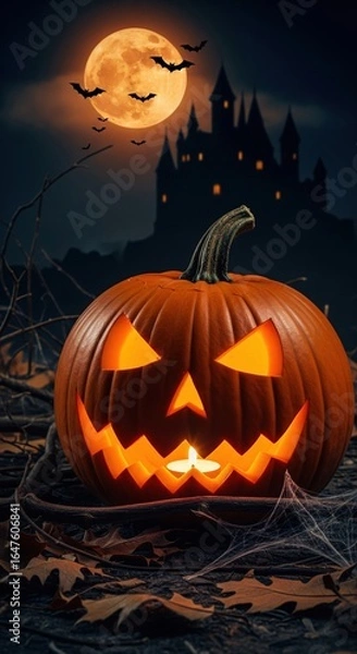 Fototapeta A glowing jack-o'-lantern with a scary face sits before a haunted castle under a full moon with bats. Dead leaves are scattered around.A Halloween-themed picture.