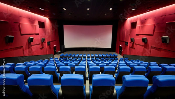 Fototapeta Empty Movie Theater with Blue Seats and Red Walls Promotes Entertainment and Cinematic Experience Waiting for the Audience to Enjoy the Film Presentation