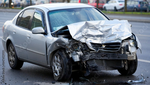 Fototapeta Extensive Front End Damage to Silver Sedan After Car Accident Illustrating Automobile Insurance and Road Safety Concerns Following a Collision on City Streets