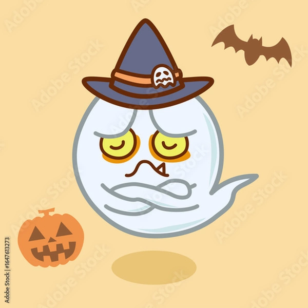 Obraz ハロウィンで考え事をしている怖い目つきのおばけのイラスト／Halloween illustration of a scary-looking ghost thinking
