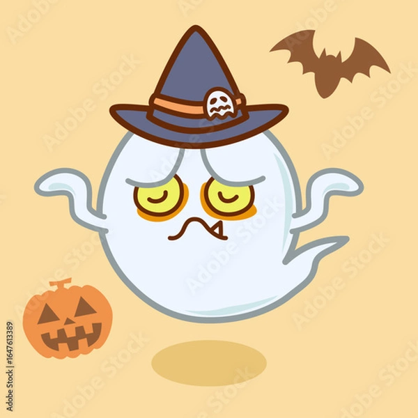 Obraz ハロウィンで呆れた顔をした怖い目つきのおばけのイラスト／Halloween illustration of a scary looking ghost with a shocked face