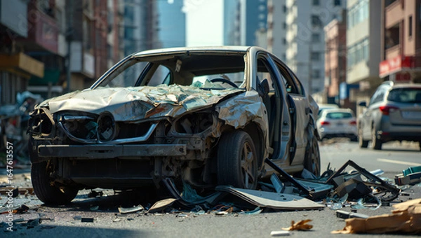 Fototapeta Devastated vehicle wreck on urban street showcases extensive car damage and aftermath of an accident serving as a stark reminder of road safety and the consequences of reckless driving