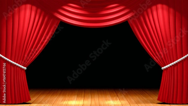 Fototapeta Dramatic Red Stage Curtains with Wooden Floor and Black Backdrop Ready for Performance or Presentation Offering Versatility for Creative Projects