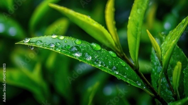 Fototapeta Fresh green leaves covered in sparkling water droplets after rain, capturing the vibrant essence of nature and the purity of a lush, thriving garden