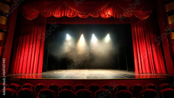 Fototapeta Illuminated Theater Stage with Red Curtains and Empty Seats Ready for Performance Offering Drama and Entertainment in a Classic Venue