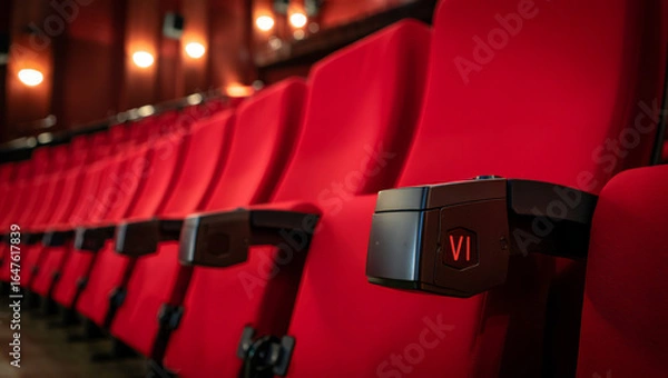 Fototapeta Rows of Red Theater Seats Offering Comfort and Entertainment Empty Cinema Ready for Audience Anticipating a Show Luxury Seating in a Performance Venue