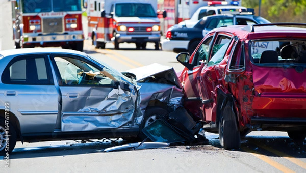 Fototapeta Serious Car Crash on Road with Emergency Vehicles Arriving at Scene Showing Importance of Road Safety and Emergency Response Procedures