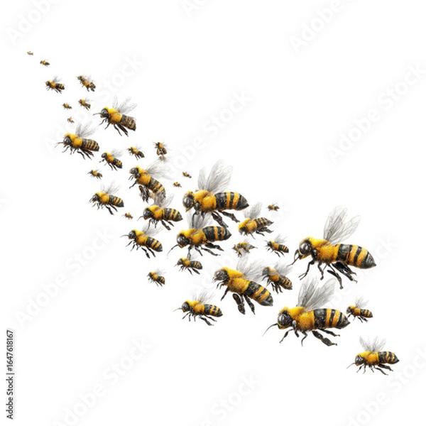 Fototapeta Swarm of bees flying in formation with detailed wings and yellow black striped bodies, showing natural insect behavior in dynamic group movement