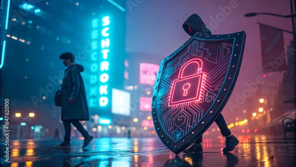 Fototapeta Cybersecurity shield in a futuristic city protects against digital threats