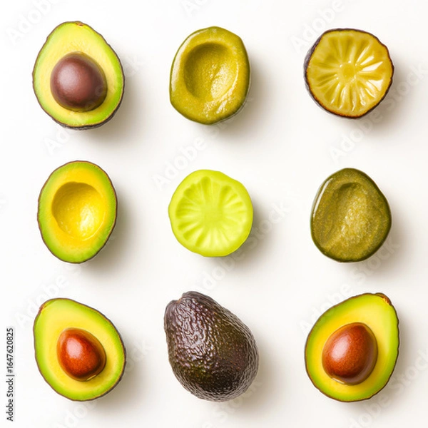 Fototapeta A grid of fresh avocados and green tomatoes on a white background