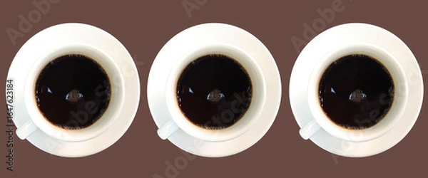 Fototapeta Top view, Set three coffee cup white color isolated on brown backgrond for design stock photo, product foods, breakfast, health