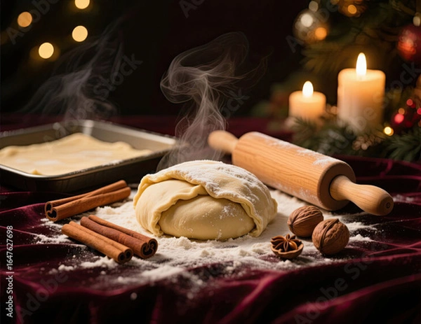 Fototapeta Dough lying on a black table ready to be baked into bread, with ingredients and wooden baking utensils lying around.