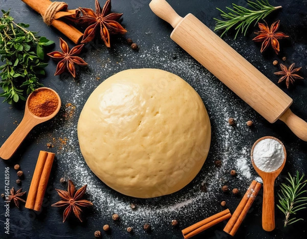 Fototapeta Top view of dough lying on black table ready for baking bread, ingredients and wooden baking utensils lying around.