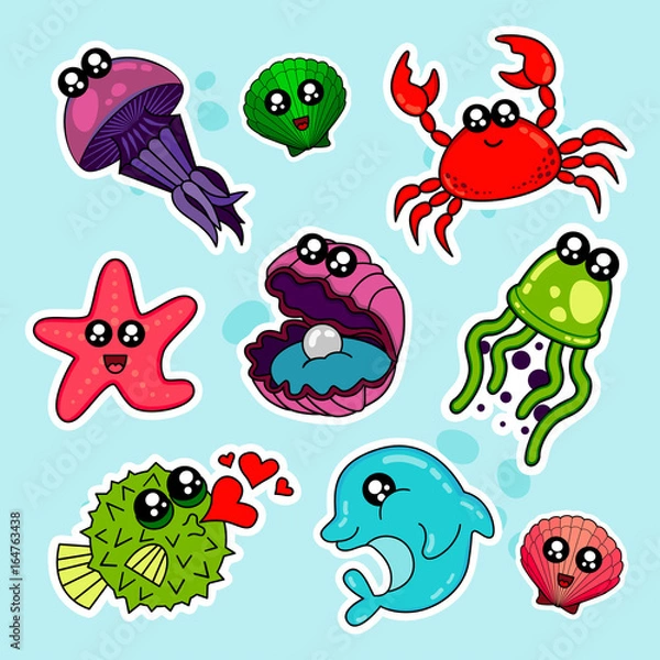 Fototapeta Fashion patch badges with shell, crab, sea, water, octopus, star fish and other. Very large set of girlish and boyish stickers, patches in cartoon isolated.Trendy print for backpacks, things,clothes