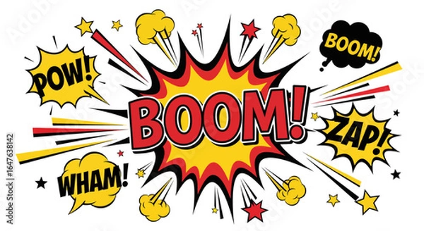 Obraz Dynamic comic book explosion with bold BOOM! and action words for vibrant design projects