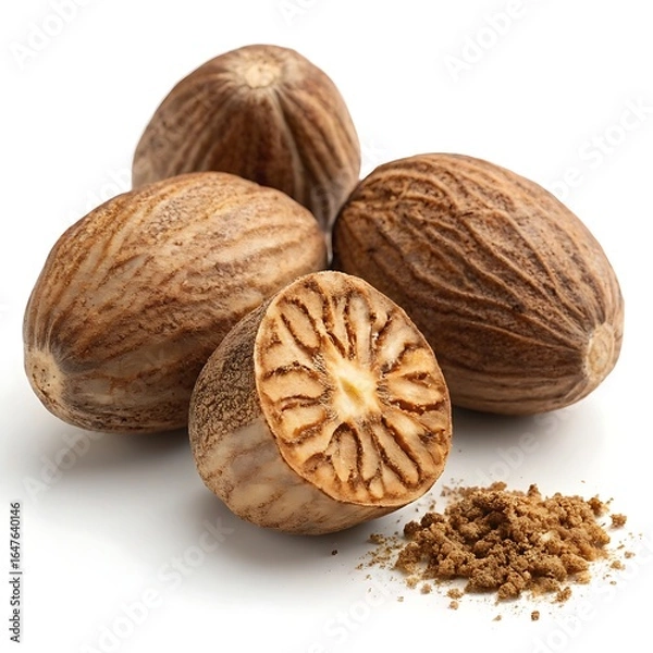 Fototapeta Whole and halved nutmeg seeds with ground spice whole nutmeg