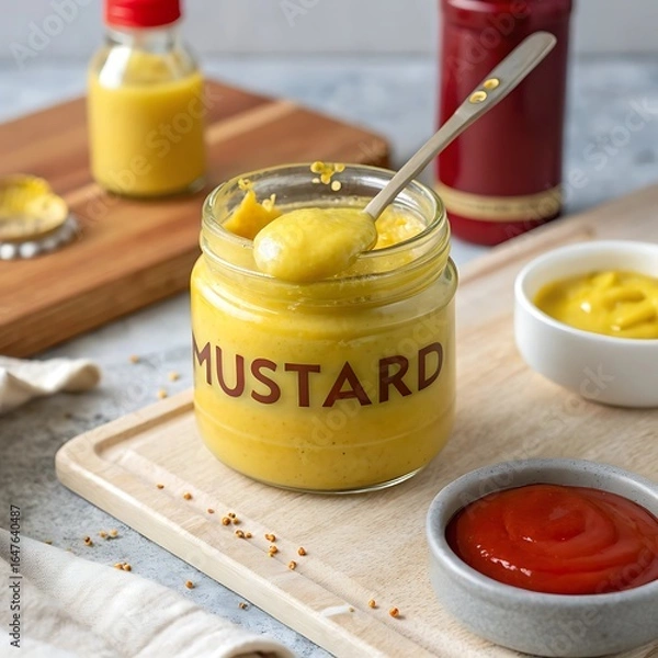 Fototapeta Glass jar of yellow mustard with spoon and ketchup