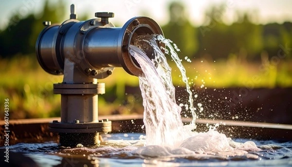 Fototapeta Flowing stream from industrial pipe into a water reservoir on summer day