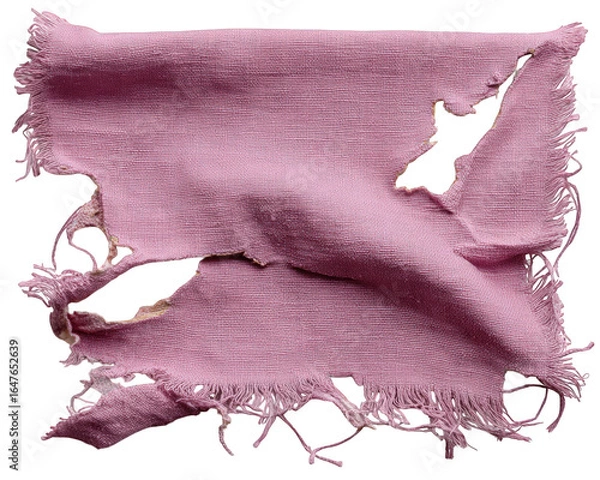 Fototapeta Torn pink cotton fabric scrap frayed edges textured material isolated on white sewing supply damaged textile soft cloth creative craft worn appearance square shape