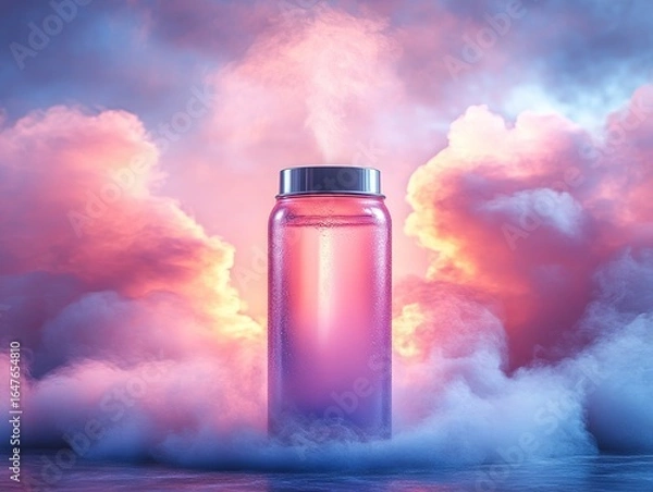 Fototapeta Transparent Water Bottle with Metallic Lid Against Dramatic Cloudy Sky