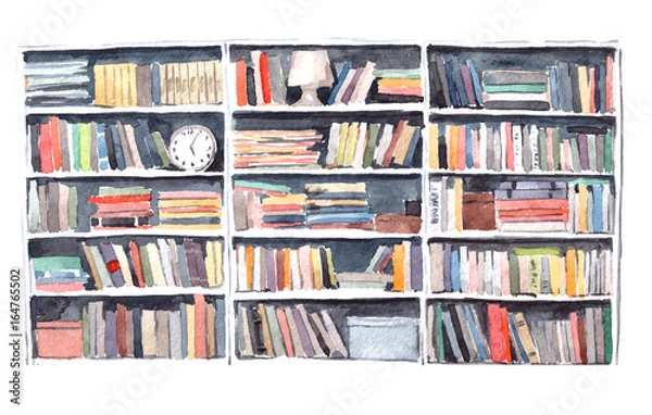 Obraz Watercolor illustration. Modern library room with a lot of color books