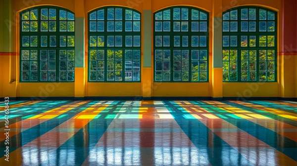 Fototapeta Sunlight streams through large arched windows into brightly colored room, creating dynamic, multicolored patterns across reflective floor, connecting indoors with nature's green.