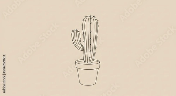 Fototapeta Minimalist cactus outline drawing in pot on beige background decorative art