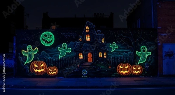 Fototapeta A massive street mural of a spooky haunted house for hallowen, glowing ghosts and pumpkins, painted with glow-in-the-dark paint