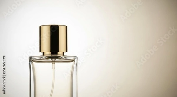Fototapeta Elegant Clear Glass Perfume Bottle with Gold Cap on Soft Gradient Background